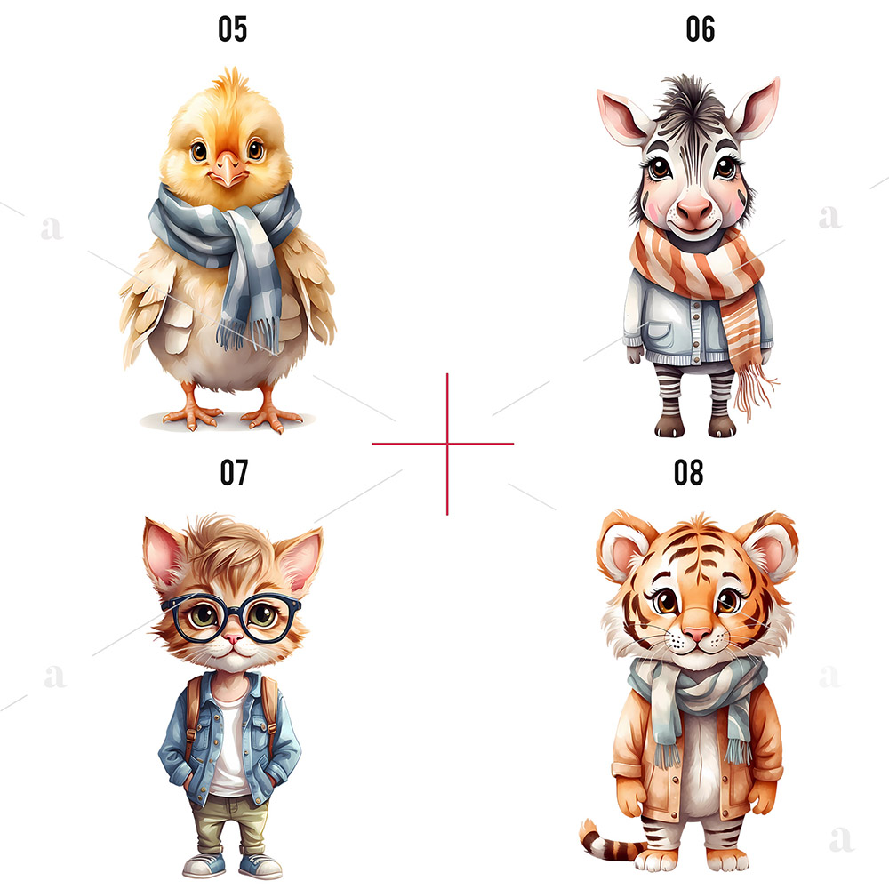 Grafiki dla dzieci: Urocze ilustracje zwierząt do projektowania kot zebra tygrys kurczak Png