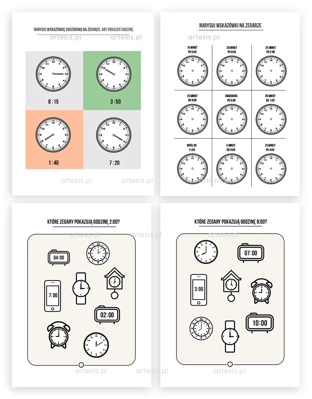 zestaw edukacyjny godziny minuty czas ćwiczenia z karty pracy