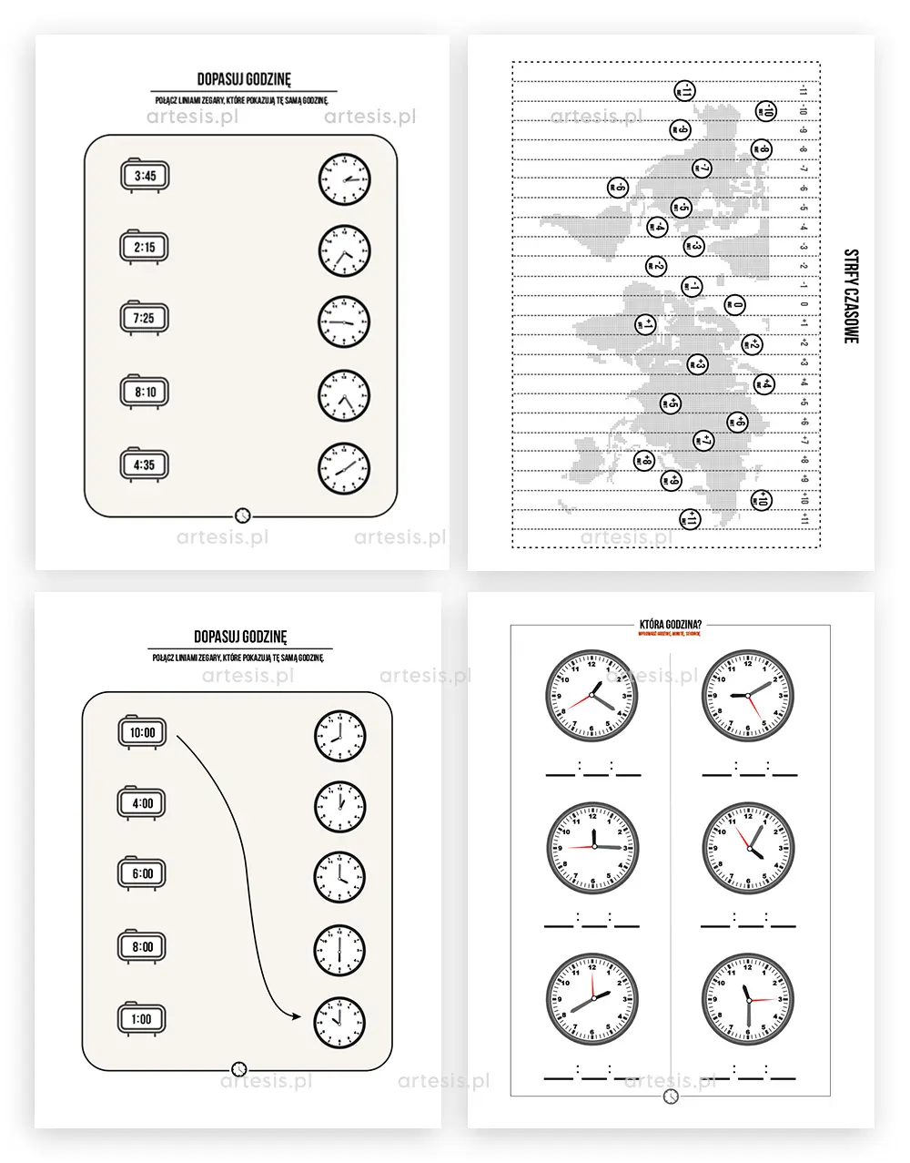 nauka godzin Gry i zabawy z czasem Zadania z minutami i kwadransami