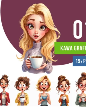 Dziewczyny z Kawą Grafiki PNG – Zestaw 18 Ilustracji Barista