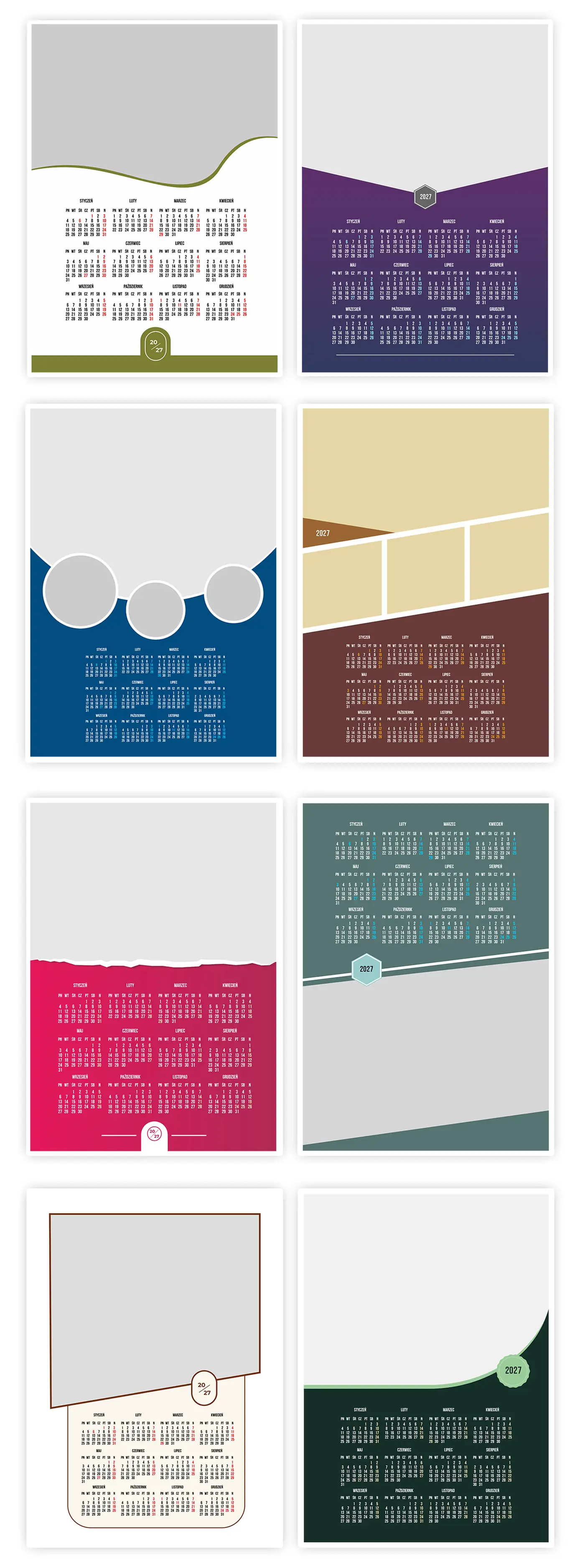 Komercyjne szablony kalendarzy fotograficznych kalendarium na 2027 rok