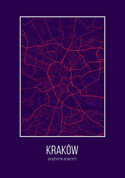 minimalistyczna mapa kraków na plakat miasto fioletowe tło