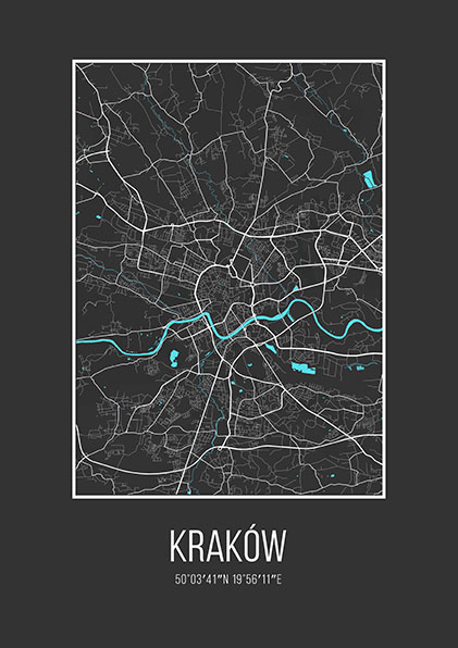minimalistyczna mapa kraków na plakat miasto czarne tło
