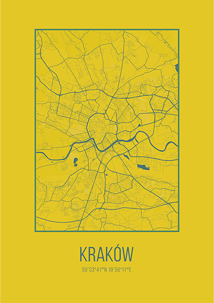 minimalistyczna mapa kraków na plakat miasto żółte tło