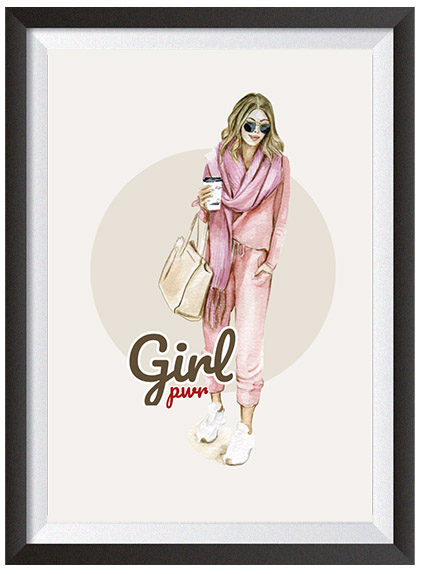 Kobieta w różowym stroju z kawą szal i torebka do wyjścia na miasto sportowe buty plakat dla dziewczyny do pokoju czy mieszkania girl power
