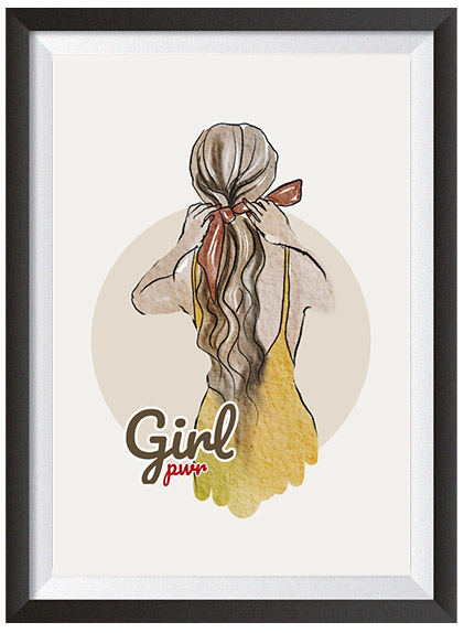kobieta tyłem plakat włosy fryzura wstążka sukienka plakat malowany jak obraz żółta sukienka plecy