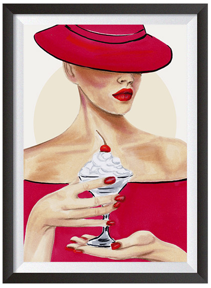 elegancka kobieta w czerwonej sukni i kapeluszu z deserem plakat słodkości elegancka dama