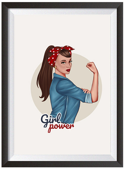 siła kobiet plakat retro z ręką moc girl power z apaszką w grochy chusta brunetka